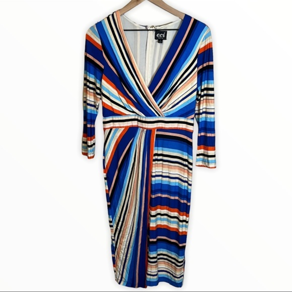 ECI Womens Multicolored Striped V Neck Long Sleeve Faux Wrap Dress Size Small